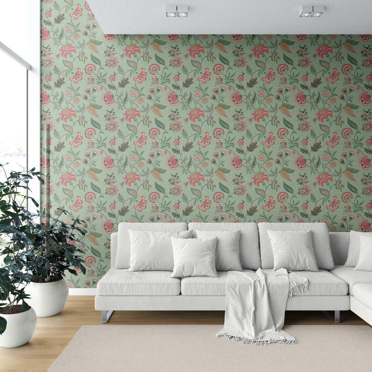 Botanical/ Floral Chinoiserie Shower Toilet Wallpaper Sample (Sage Green/ Pink/ Red/ Blue)