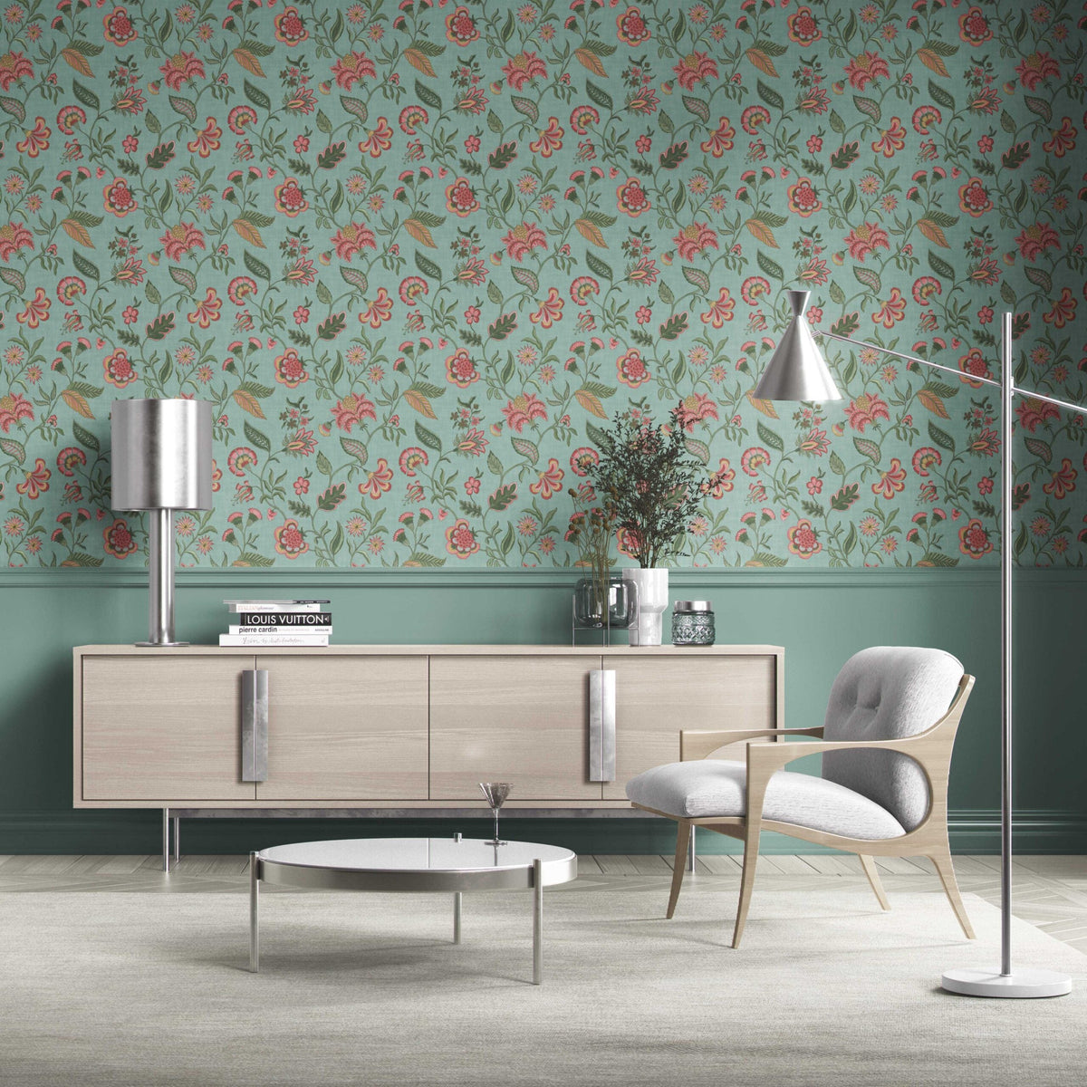Botanical/ Floral Chinoiserie Kitchen Wallpaper (Blue-Green/ Pink/ Red)