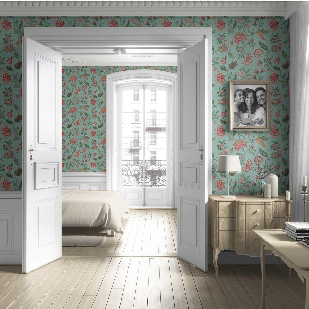 Botanical/ Floral Chinoiserie Living Room Wallpaper (Blue-Green/ Pink/ Red)