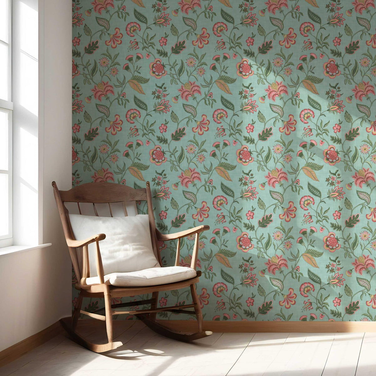 Botanical/ Floral Chinoiserie Nursery Wallpaper Sample (Blue-Green/ Pink/ Red)