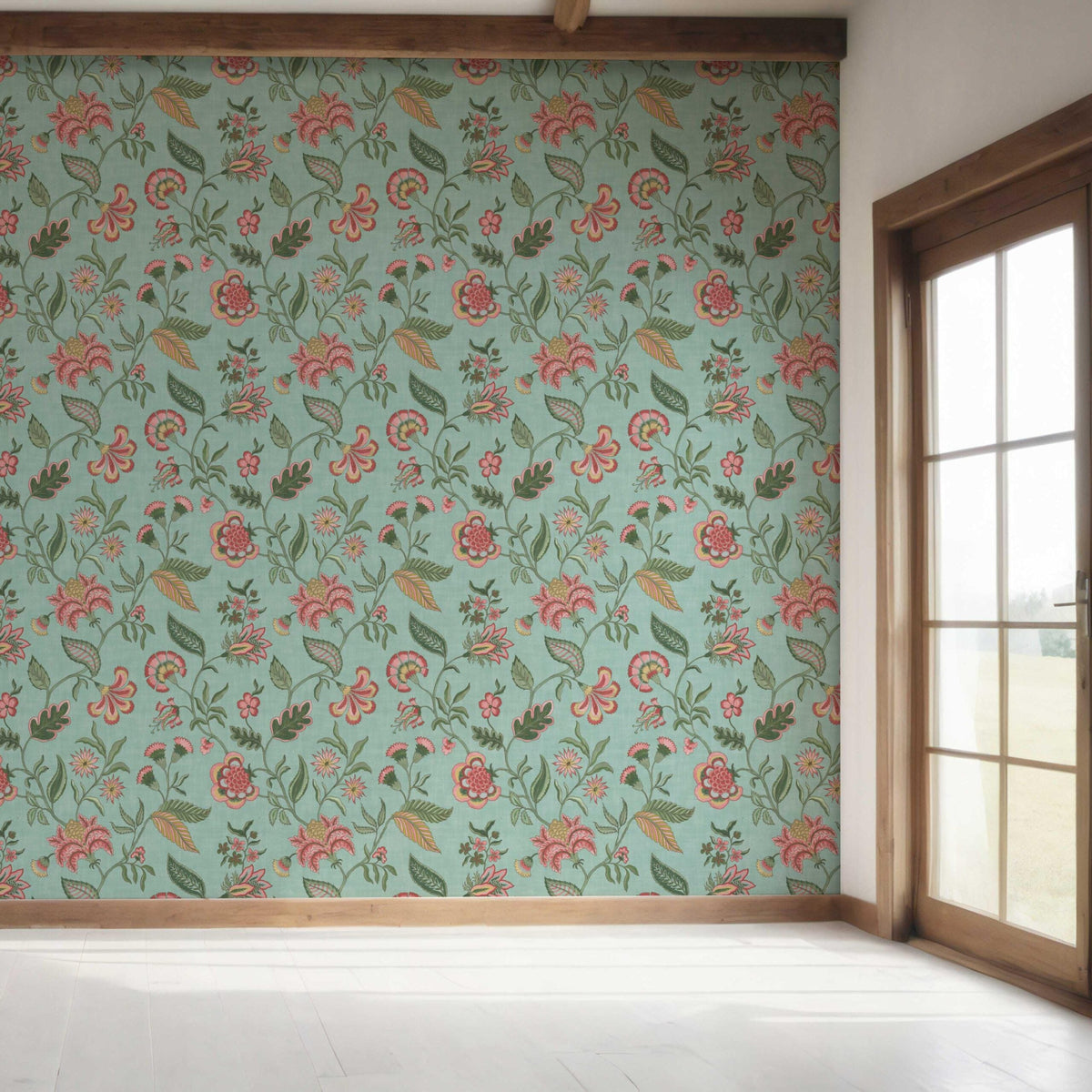 Botanical/ Floral Chinoiserie Bedroom Wallpaper (Blue-Green/ Pink/ Red)