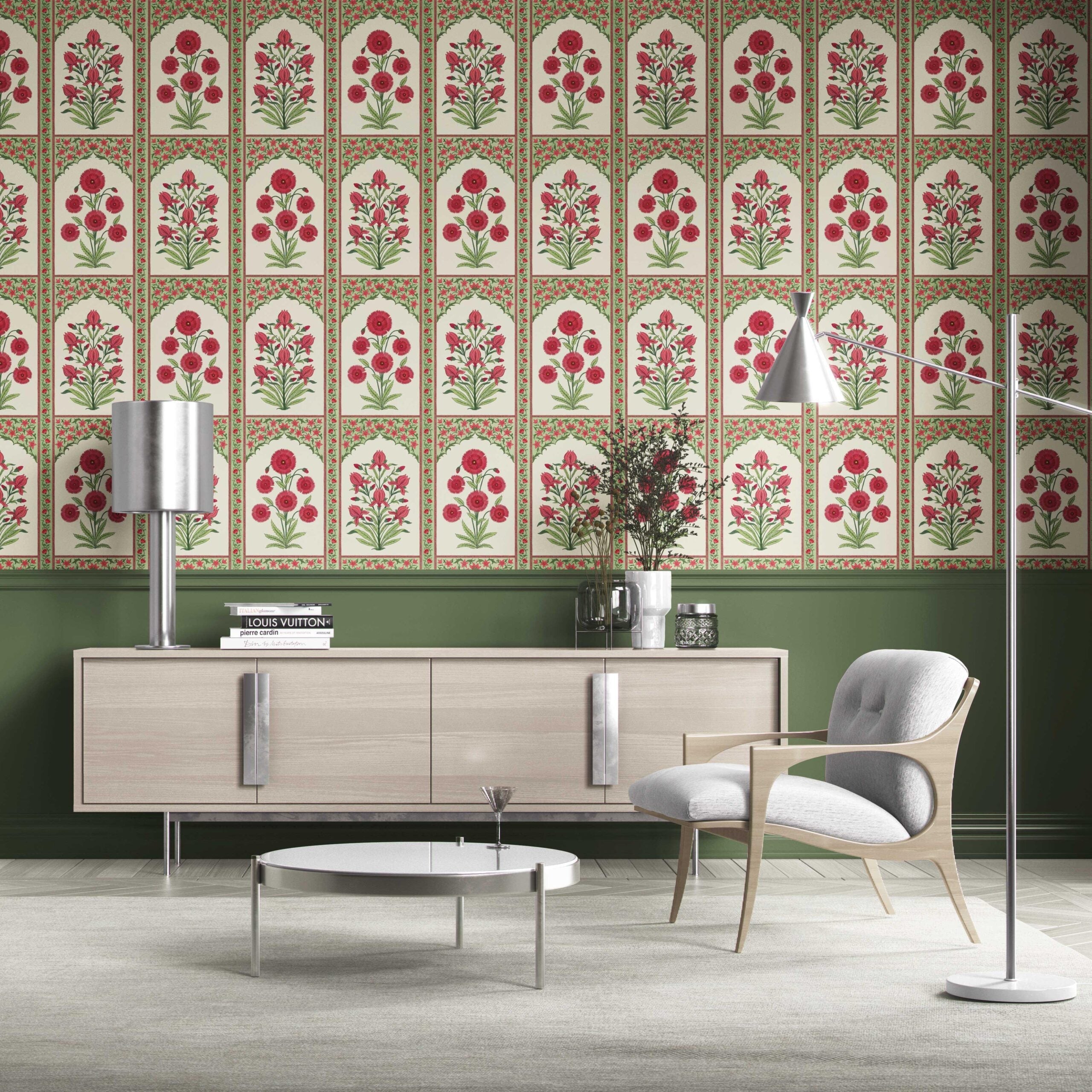 Vintage Ethnic Floral Block Print Traditional Wallpaper Sample (Red/ Pink/ Green)