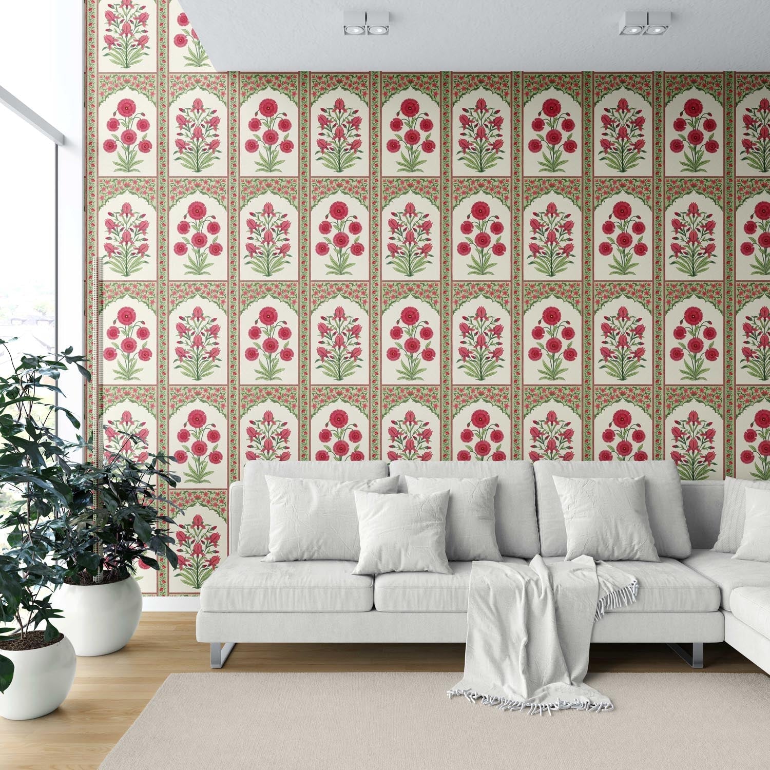 Vintage Ethnic Floral Block Print Shower Toilet Wallpaper Sample (Red/ Pink/ Green)