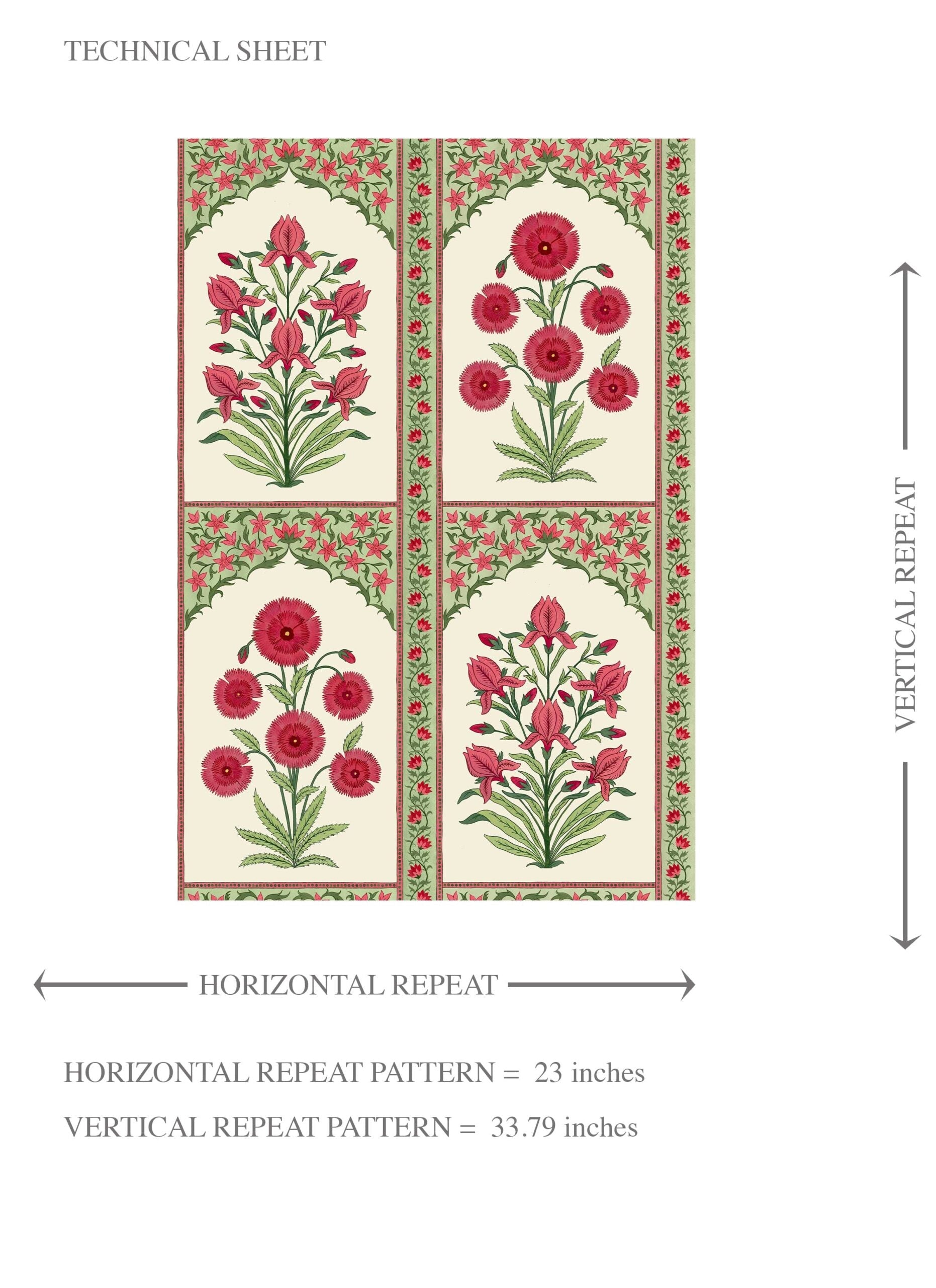 Vintage Ethnic Floral Block Print Kids Room Wallpaper Sample (Red/ Pink/ Green)