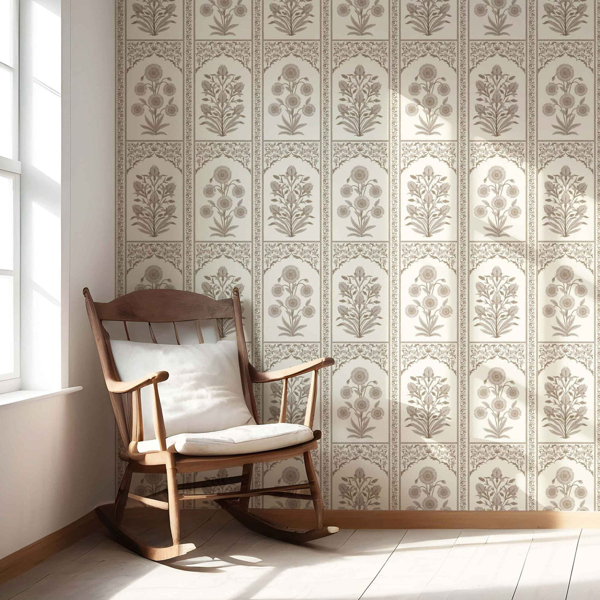 Neutral Vintage Ethnic Floral Block Print Nursery Wallpaper Sample (Beige/ Taupe/ Cream)
