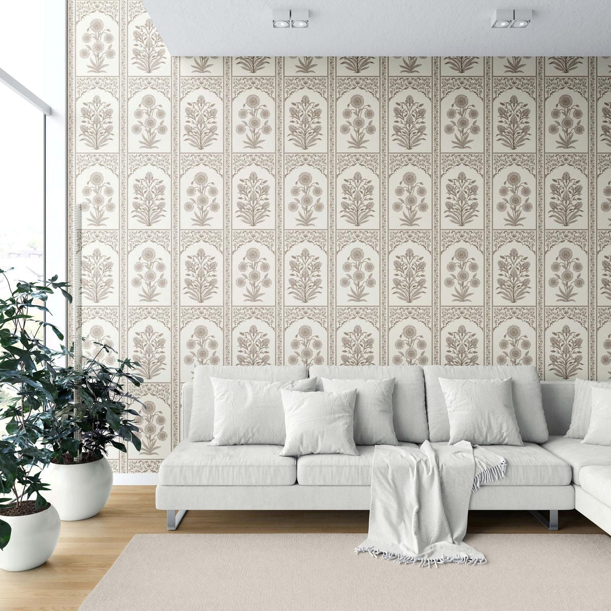 Neutral Vintage Ethnic Floral Block Print Shower Toilet Wallpaper (Beige/ Taupe/ Cream)