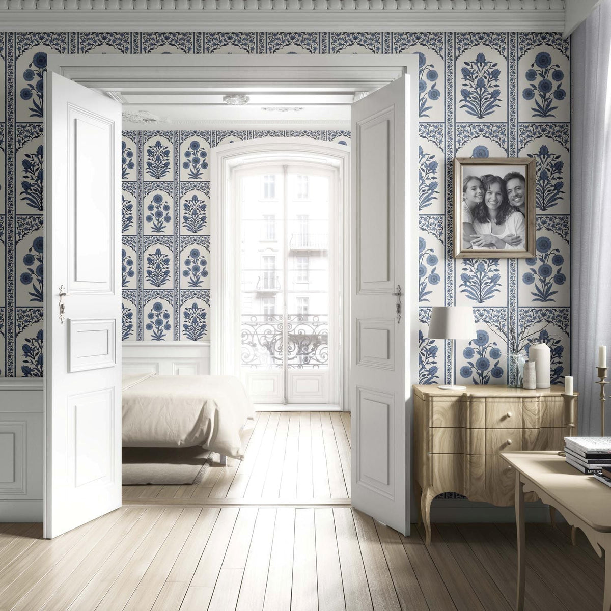 Vintage Ethnic Floral Block Print Living Room Wallpaper (Navy Blue/ Cream)