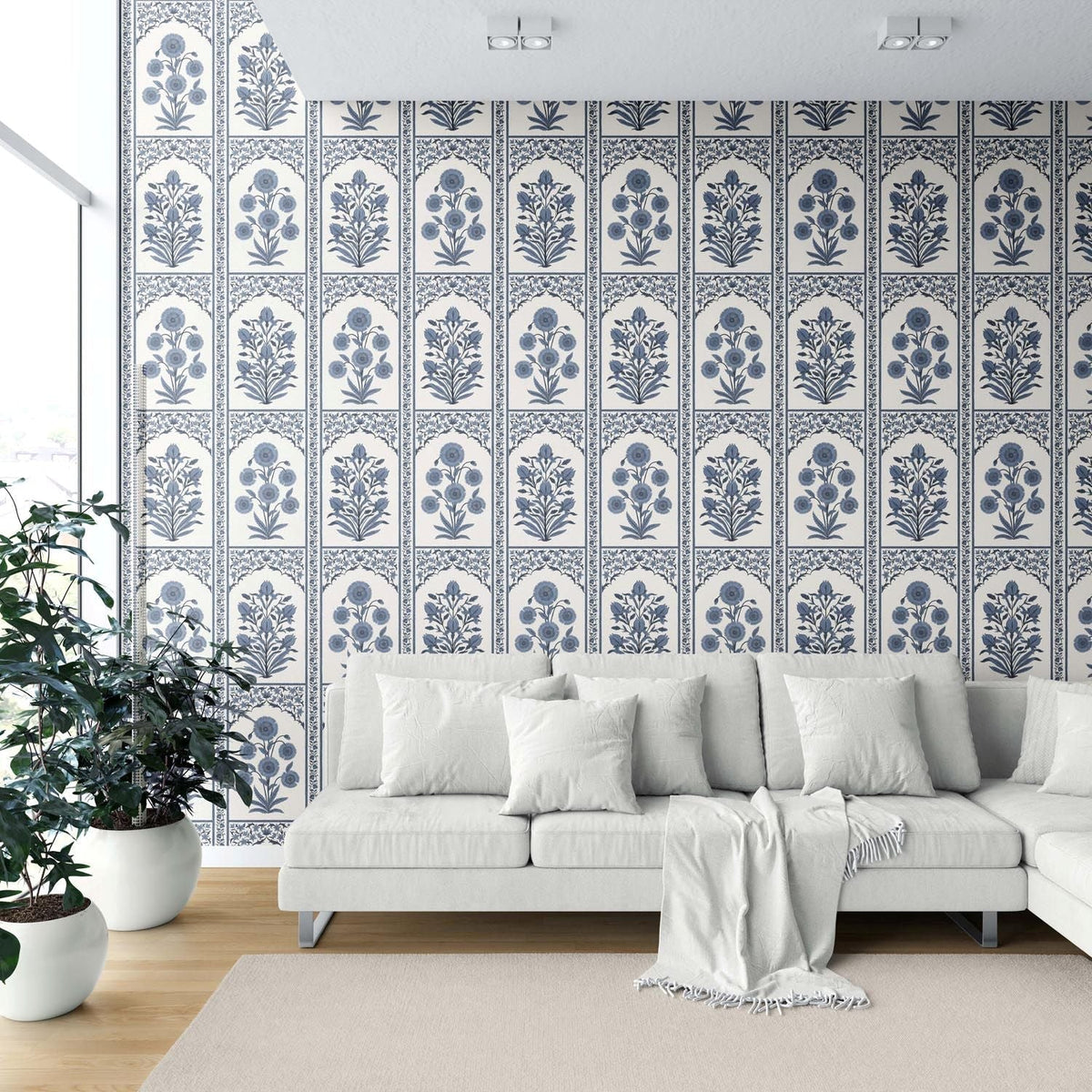 Vintage Ethnic Floral Block Print Shower Toilet Wallpaper Sample (Navy Blue/ Cream)