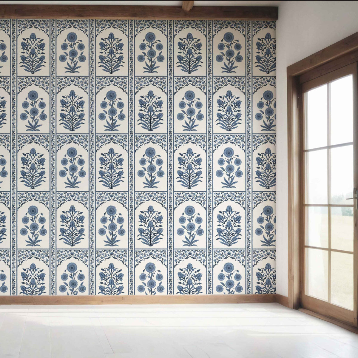 Vintage Ethnic Floral Block Print Bedroom Wallpaper Sample (Navy Blue/ Cream)