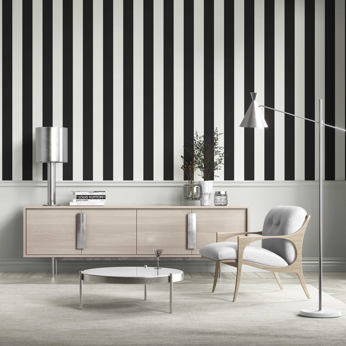 Neutral Scandi/ Geometric Striped Traditional Wallpaper Sample (Black/ White)