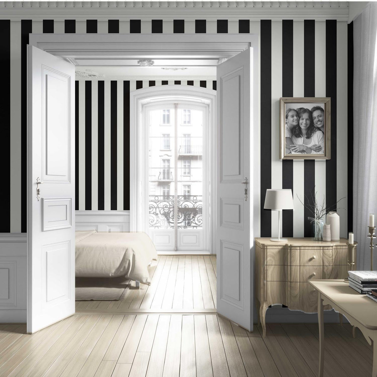 Neutral Scandi/ Geometric Striped Living Room Wallpaper (Black/ White)