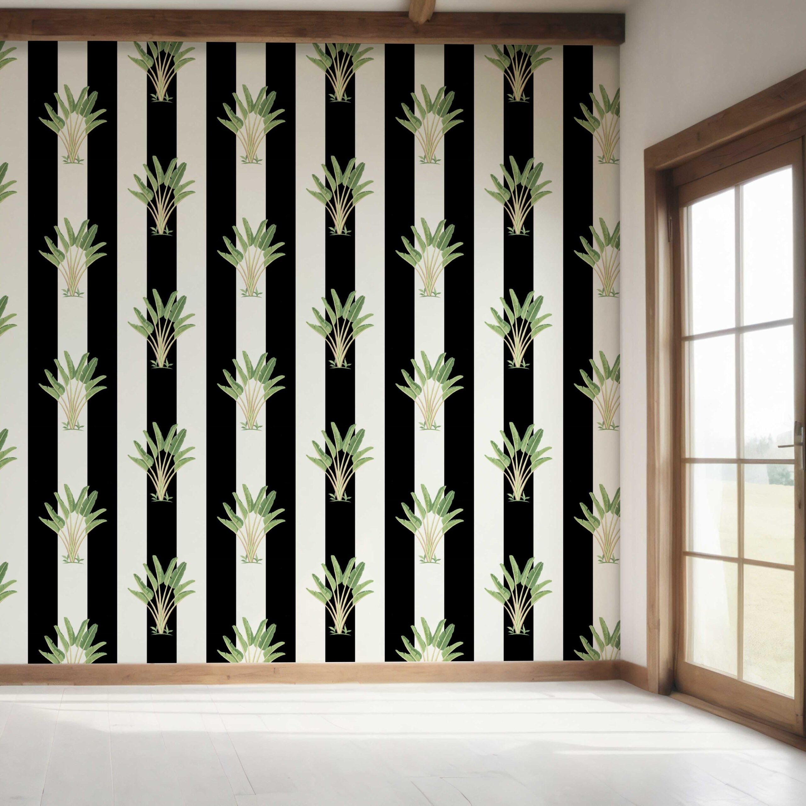Geometric Floral Striped Bedroom Wallpaper Sample (Black/ White/ Green)