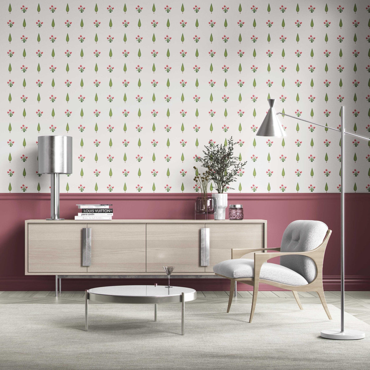 Botanical Floral Block Print Kitchen Wallpaper Sample (Pink/ Green)
