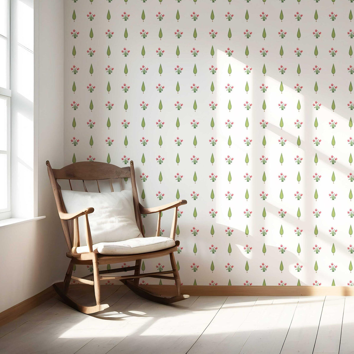 Botanical Floral Block Print Nursery Wallpaper Sample (Pink/ Green)