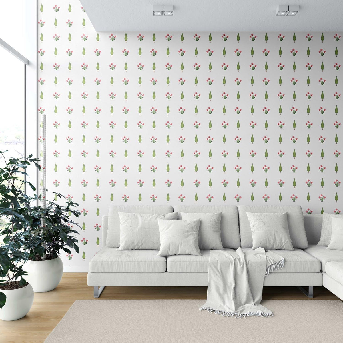 Botanical Floral Block Print Shower Toilet Wallpaper (Pink/ Green)