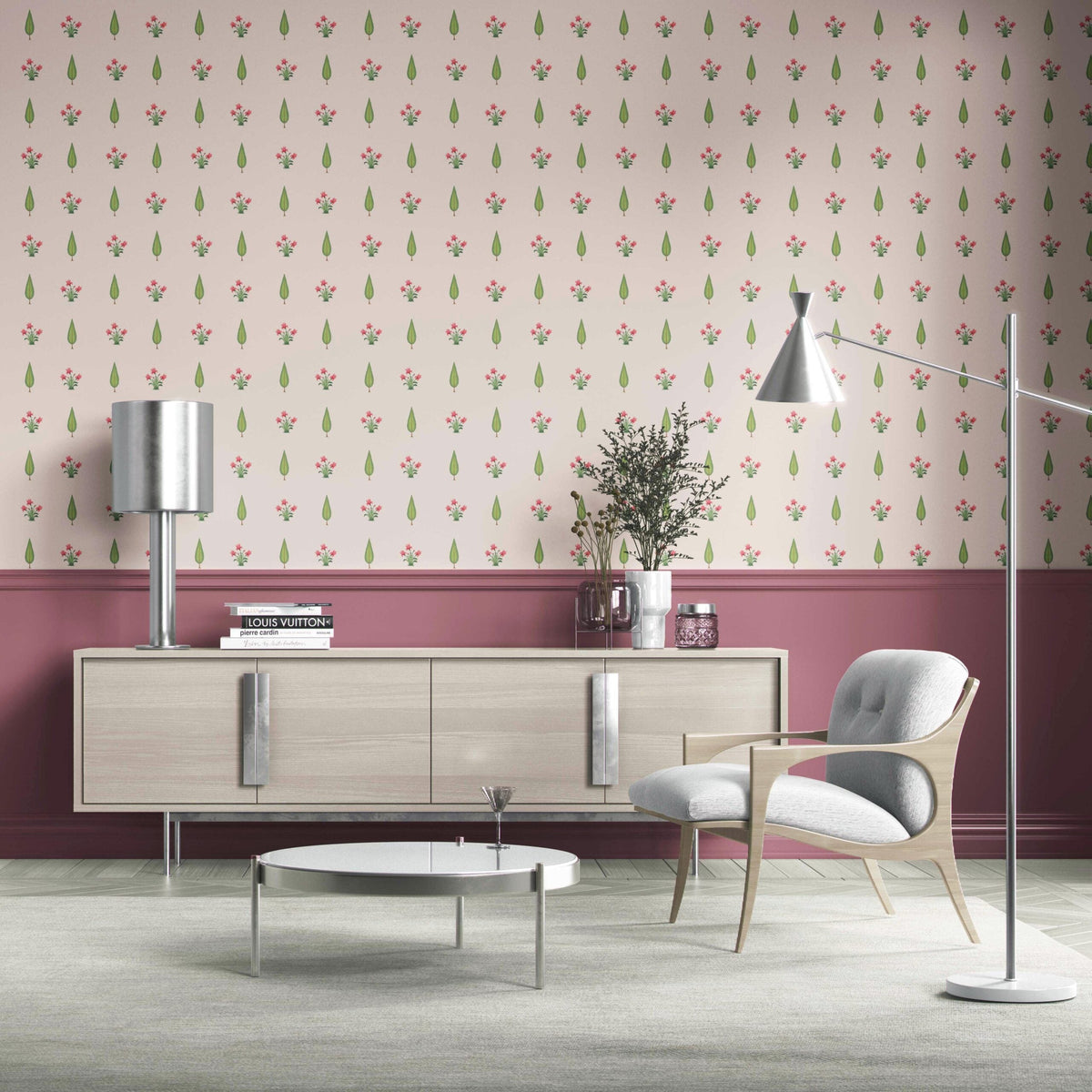 Botanical Floral Block Print Kitchen Wallpaper (Soft Pink/ Green)
