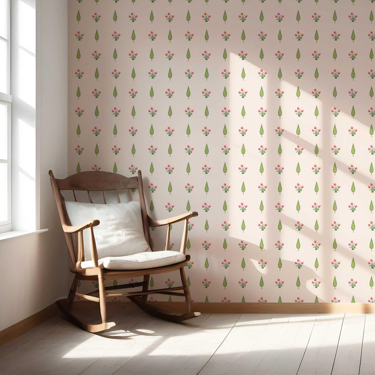 Botanical Floral Block Print Nursery Wallpaper (Soft Pink/ Green)