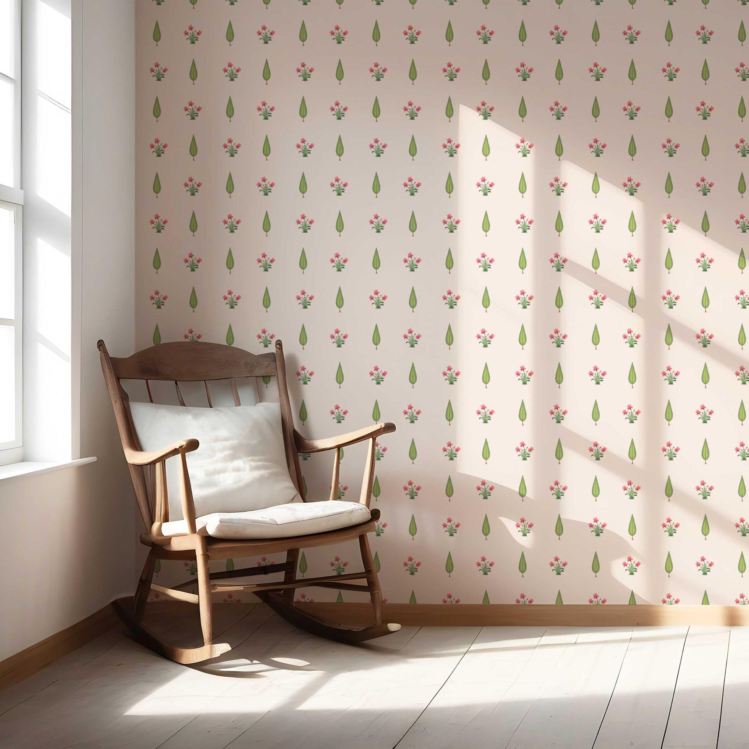 Botanical Floral Block Print Nursery Wallpaper Sample (Soft Pink/ Green)