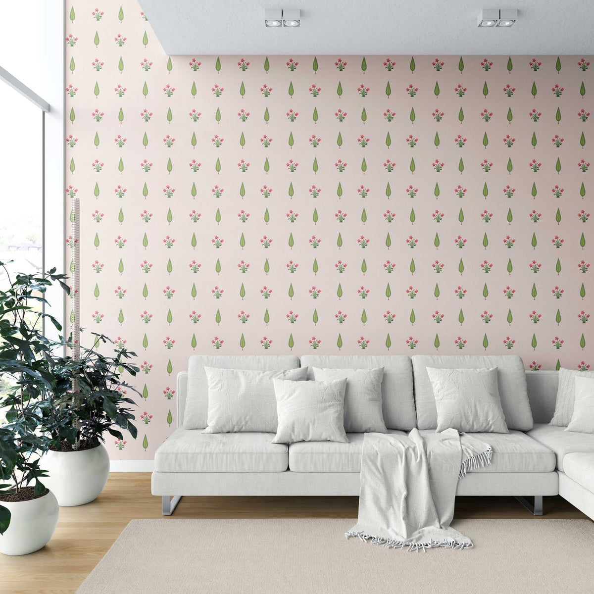 Botanical Floral Block Print Shower Toilet Wallpaper (Soft Pink/ Green)