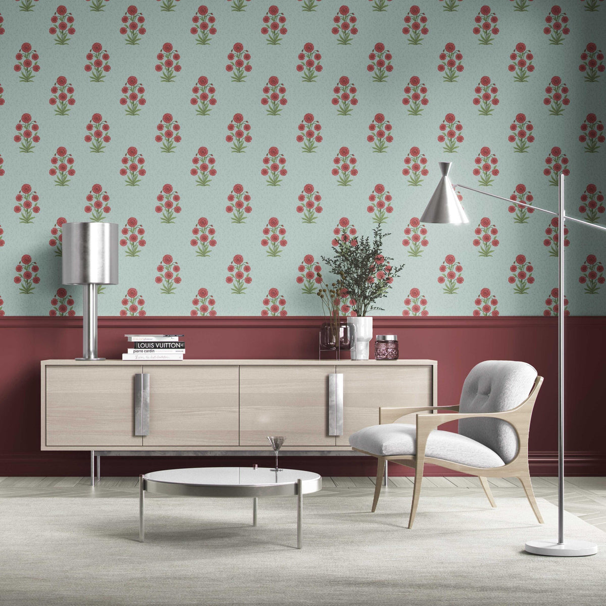 Botanical Floral Block Print Traditional Wallpaper Sample (Blue/ Red-Pink/ Green)