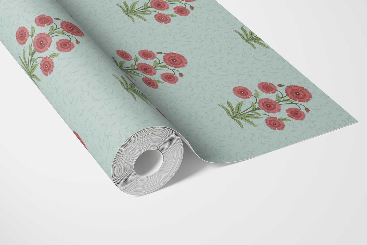 Botanical Floral Block Print Bathroom Wallpaper Sample (Blue/ Red-Pink/ Green)