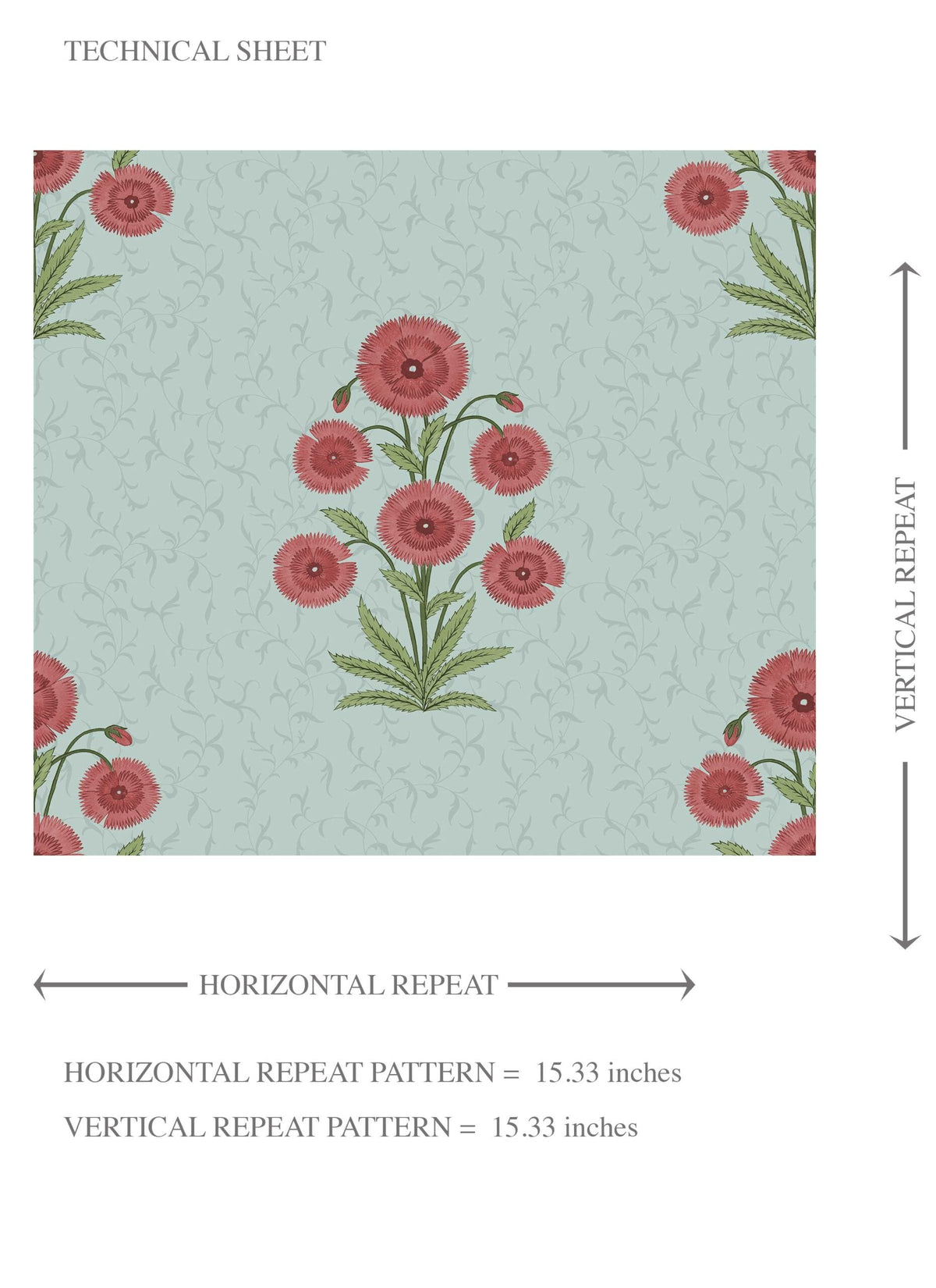 Botanical Floral Block Print Kids Room Wallpaper (Blue/ Red-Pink/ Green)