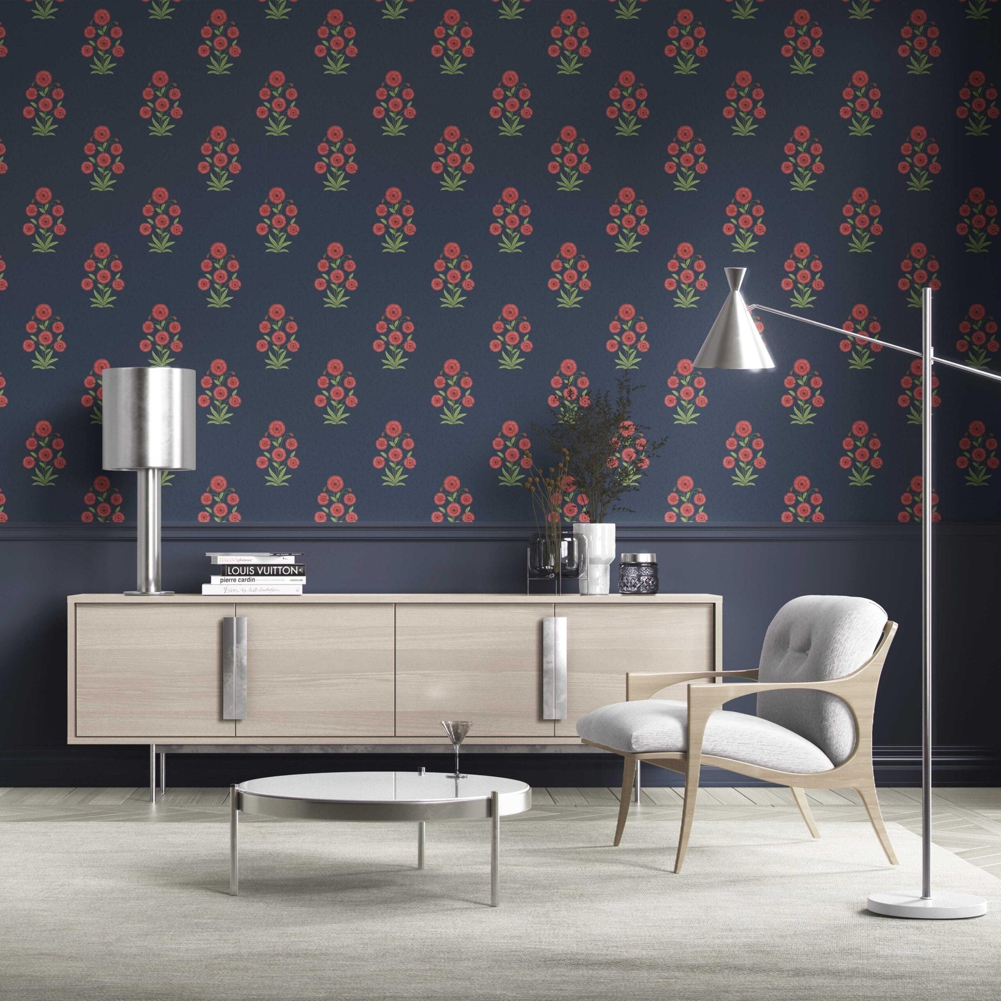 Botanical Floral Block Print Traditional Wallpaper (Navy Blue/ Red/ Green)