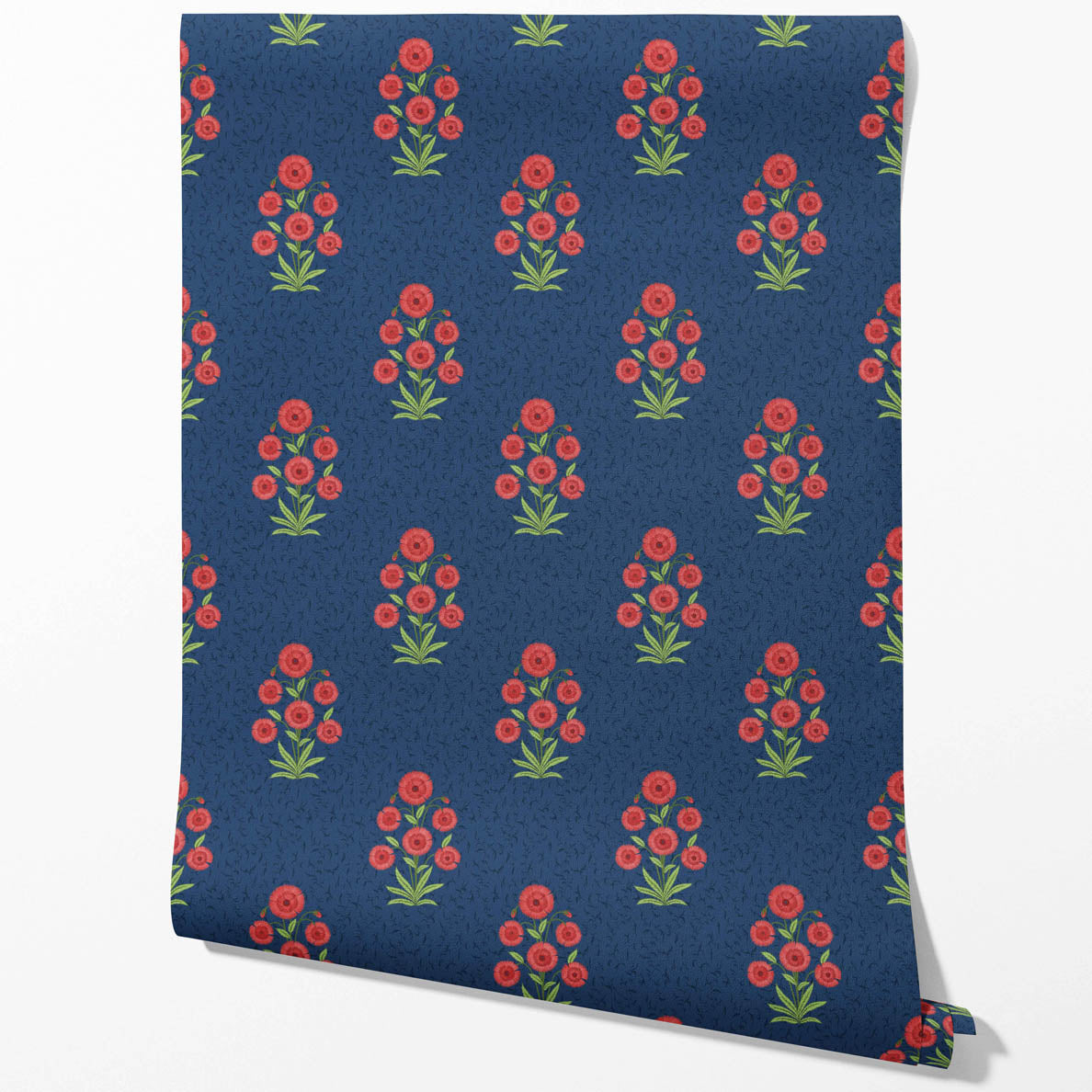 Botanical Floral Block Print Kitchen Wallpaper Sample (Navy Blue/ Red/ Green)