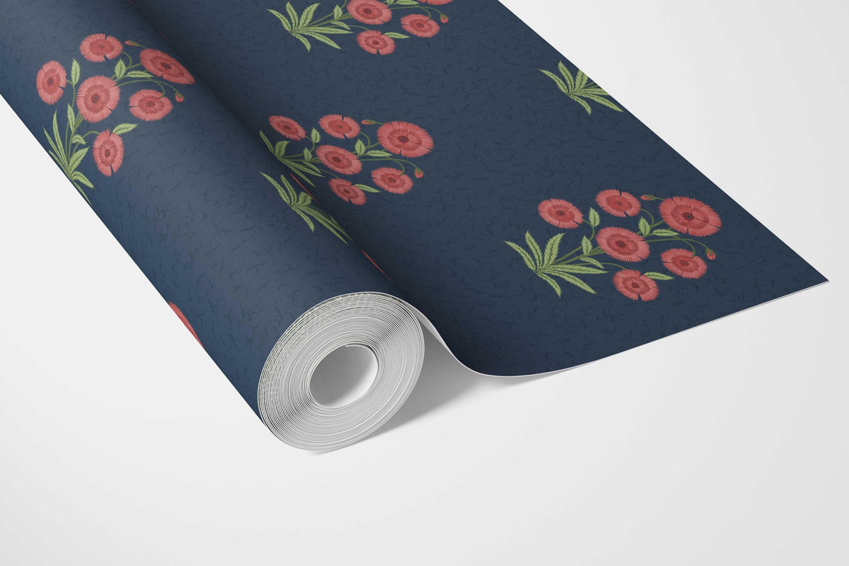 Botanical Floral Block Print Bathroom Wallpaper (Navy Blue/ Red/ Green)