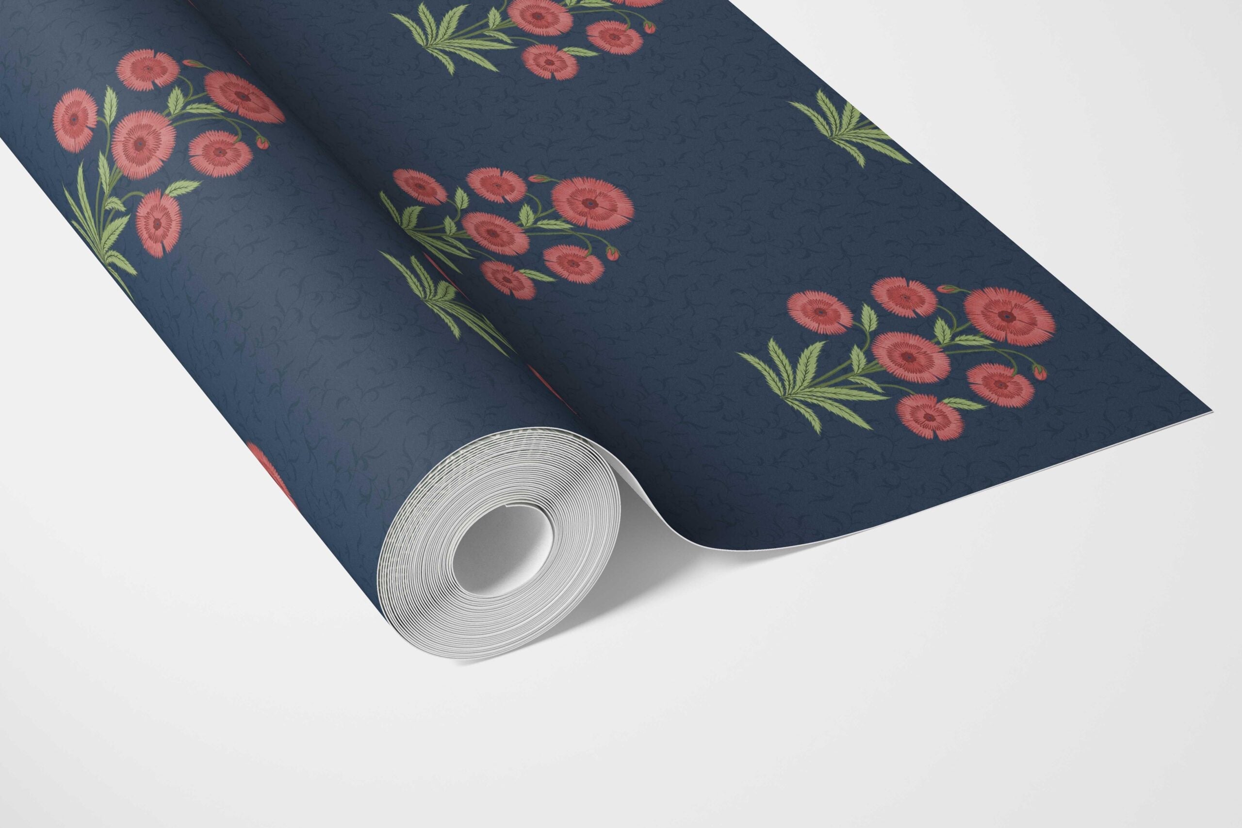 Botanical Floral Block Print Bathroom Wallpaper Sample (Navy Blue/ Red/ Green)