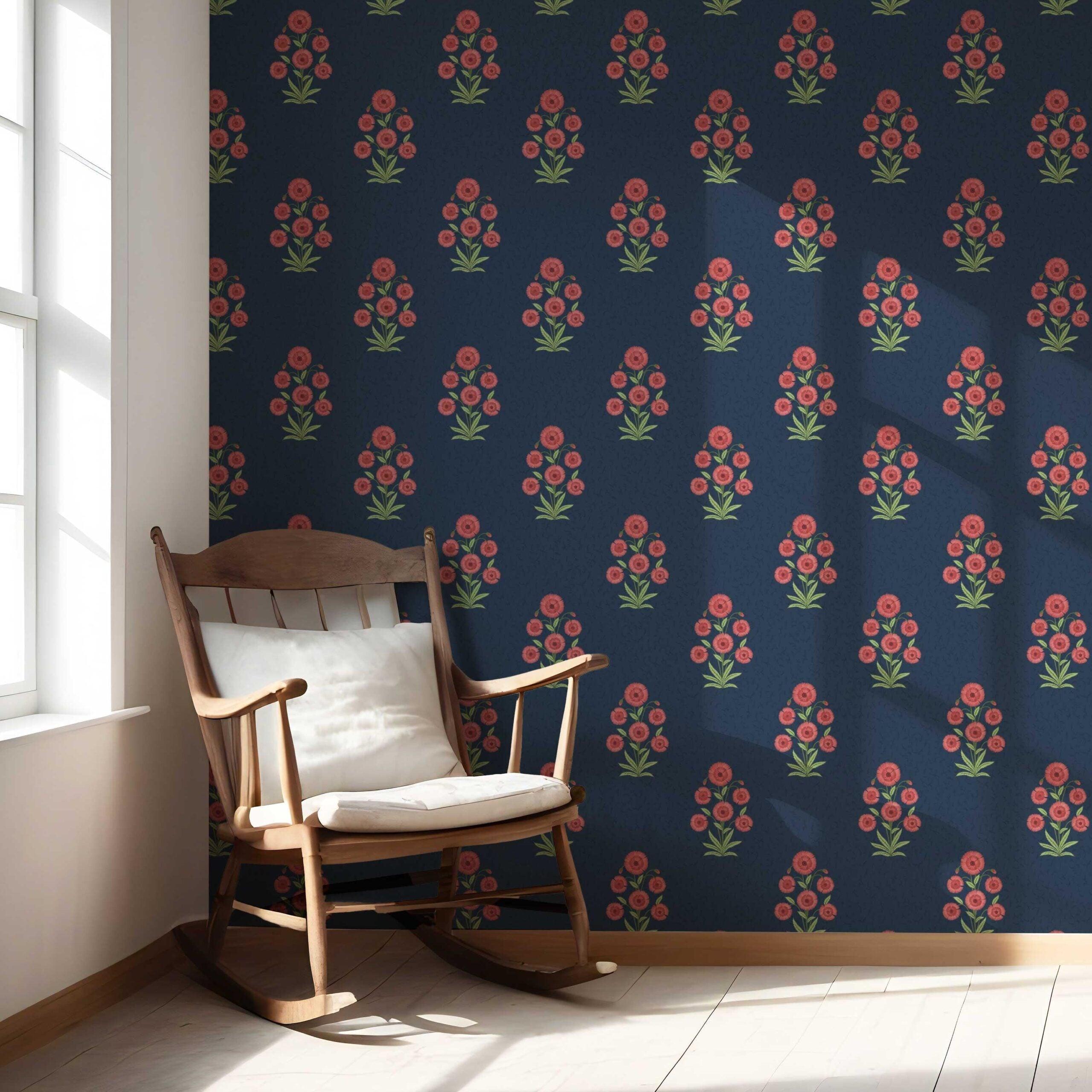 Botanical Floral Block Print Nursery Wallpaper Sample (Navy Blue/ Red/ Green)