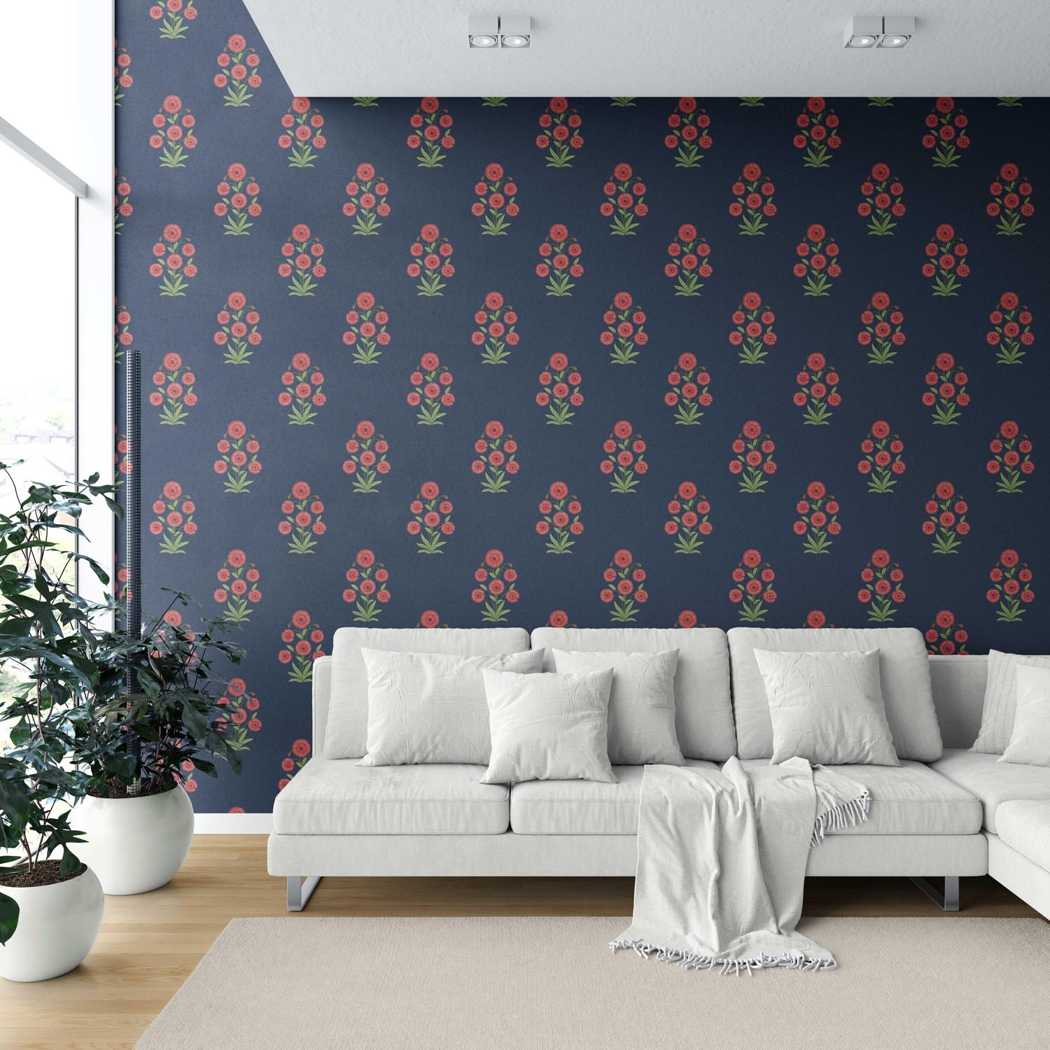Botanical Floral Block Print Shower Toilet Wallpaper Sample (Navy Blue/ Red/ Green)