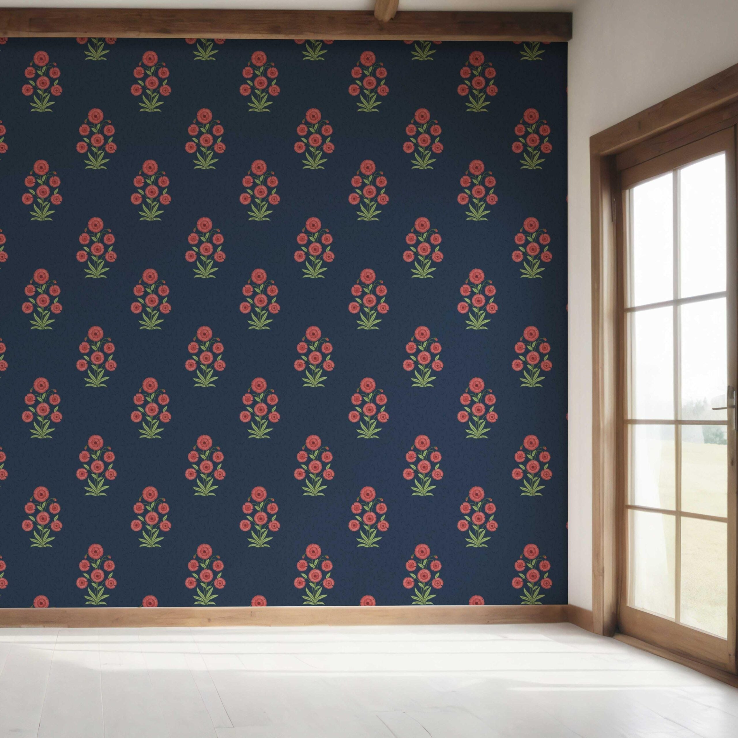 Botanical Floral Block Print Bedroom Wallpaper Sample (Navy Blue/ Red/ Green)