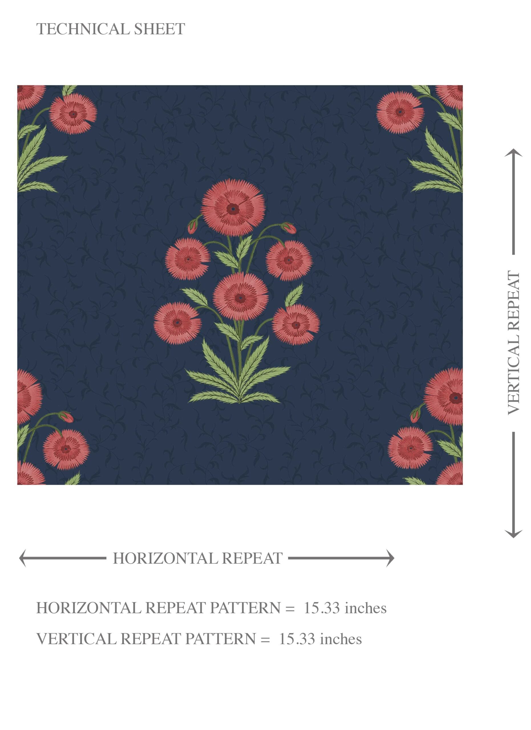 Botanical Floral Block Print Kids Room Wallpaper Sample (Navy Blue/ Red/ Green)