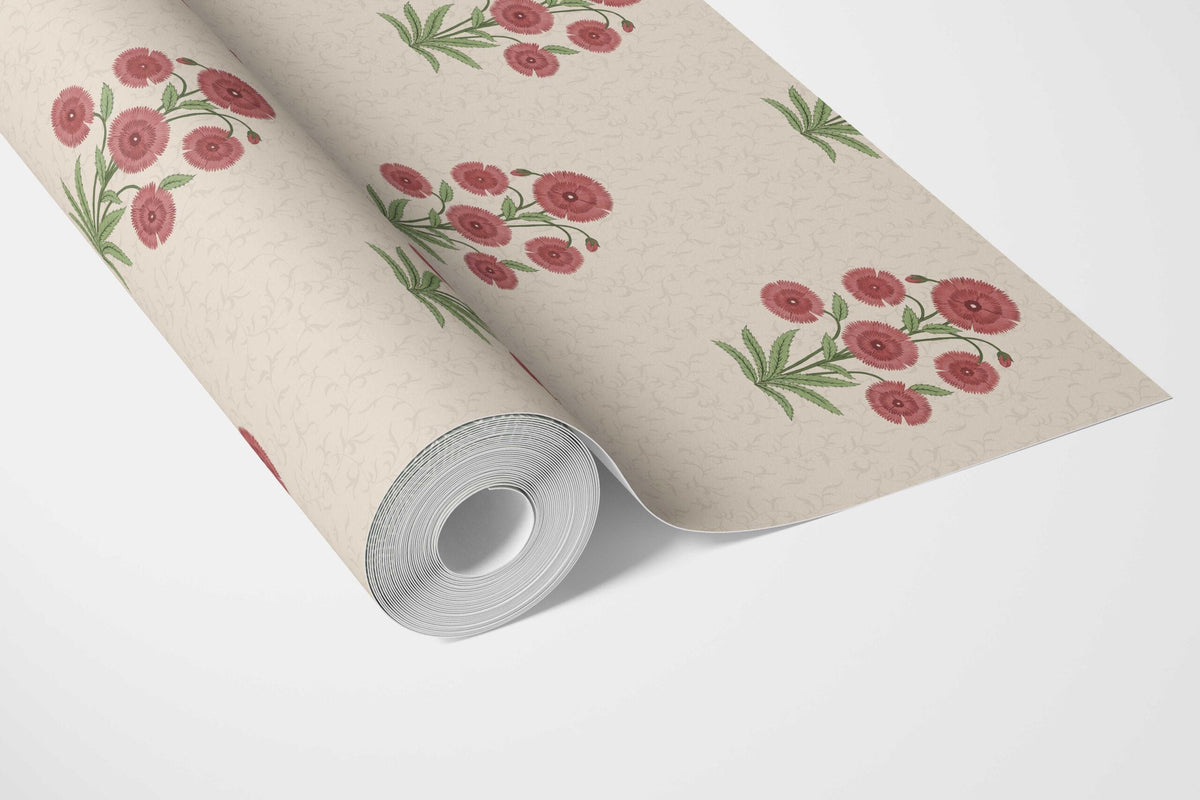 Botanical Floral Block Print Bathroom Wallpaper (Red/ Beige/ Green)