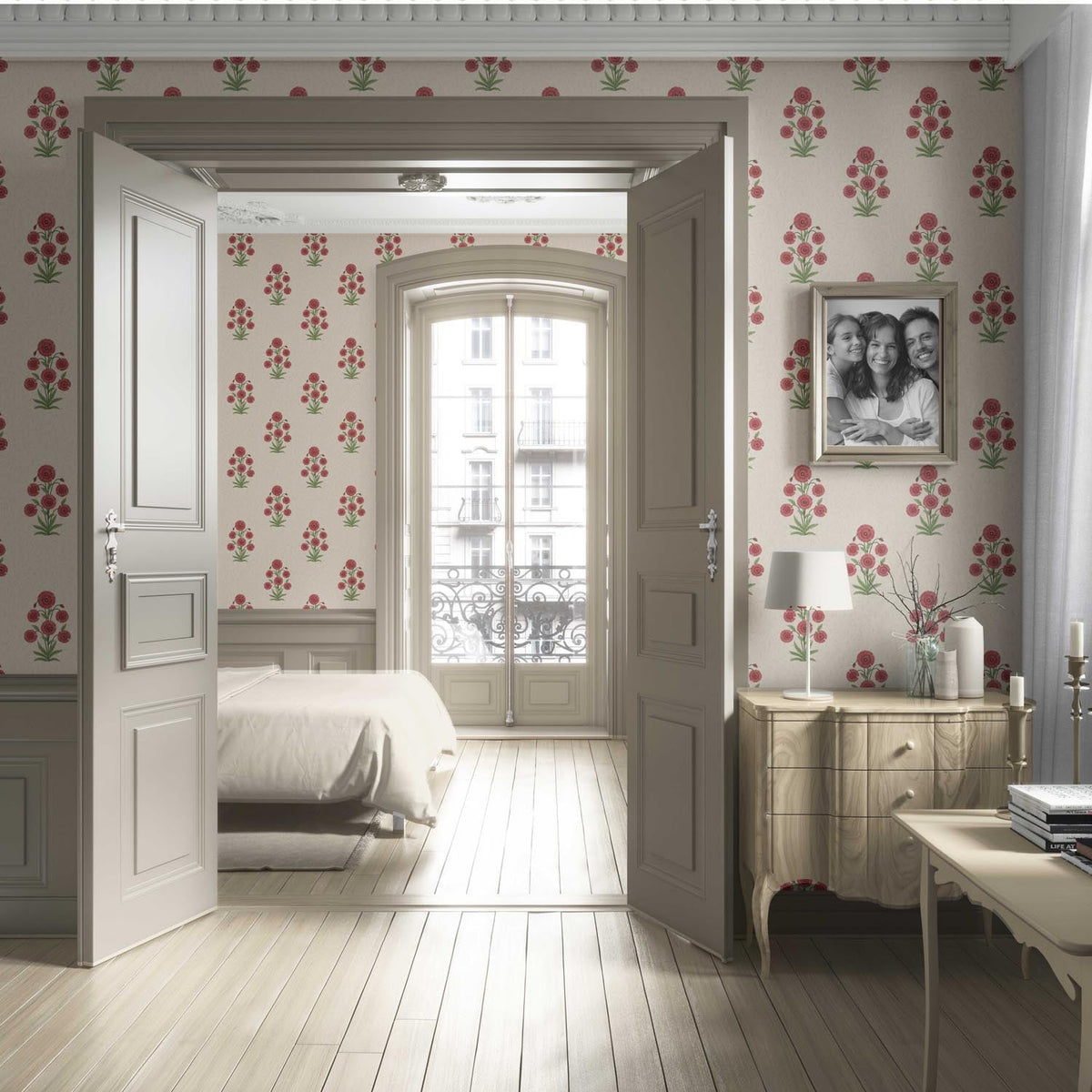 Botanical Floral Block Print Living Room Wallpaper Sample (Red/ Beige/ Green)