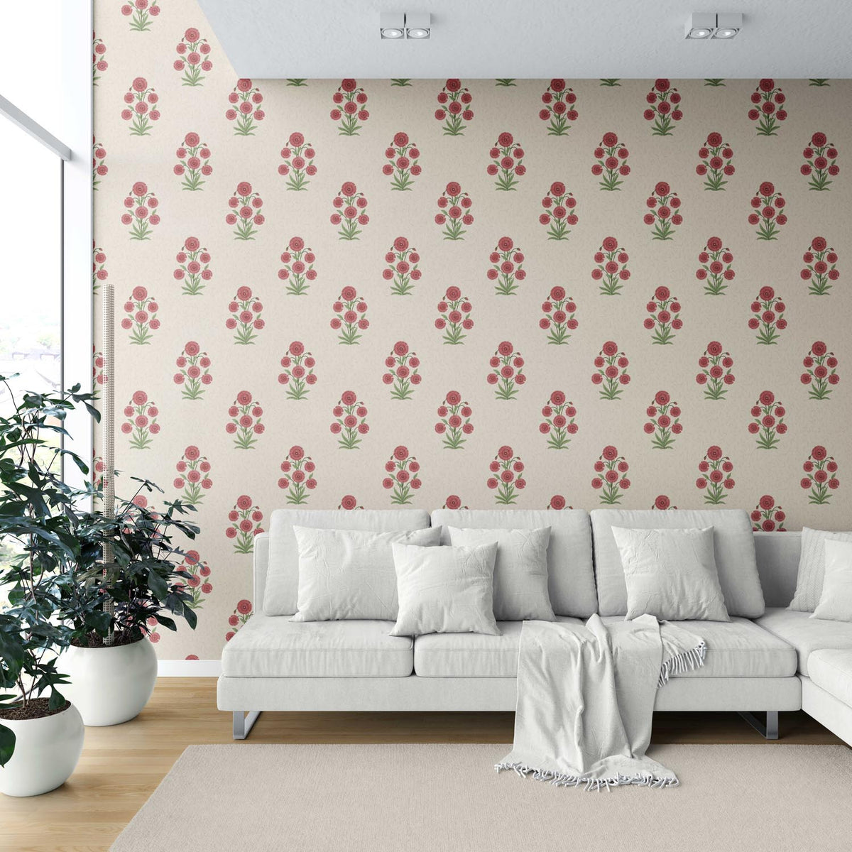Botanical Floral Block Print Shower Toilet Wallpaper (Red/ Beige/ Green)