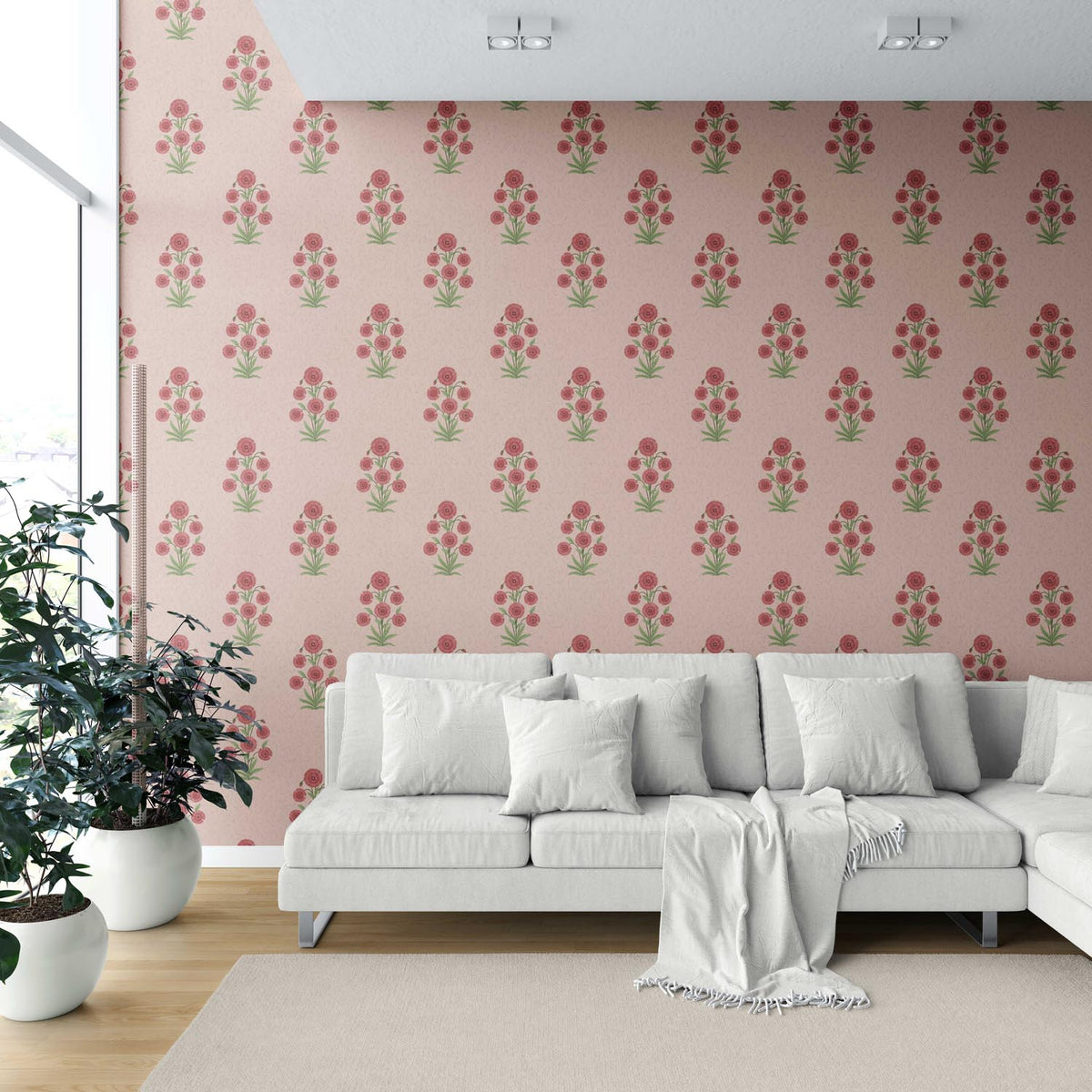 Botanical Floral Block Print Shower Toilet Wallpaper Sample (Pink/ Red/ Green)
