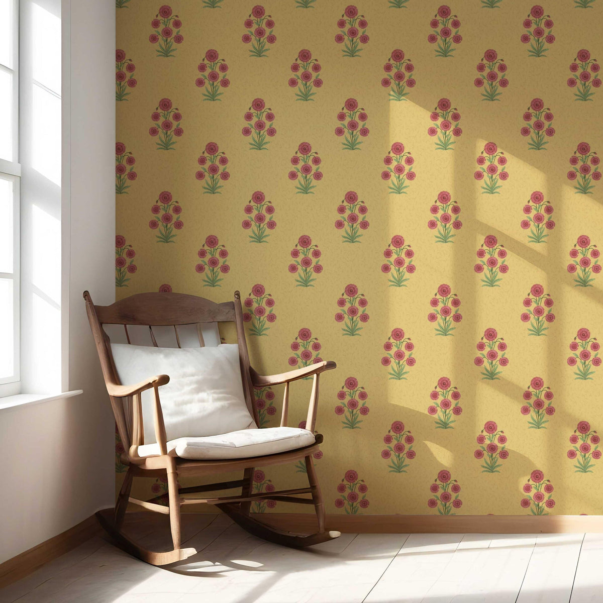 Botanical Floral Block Print Nursery Wallpaper (Yellow/ Red-Pink/ Green)