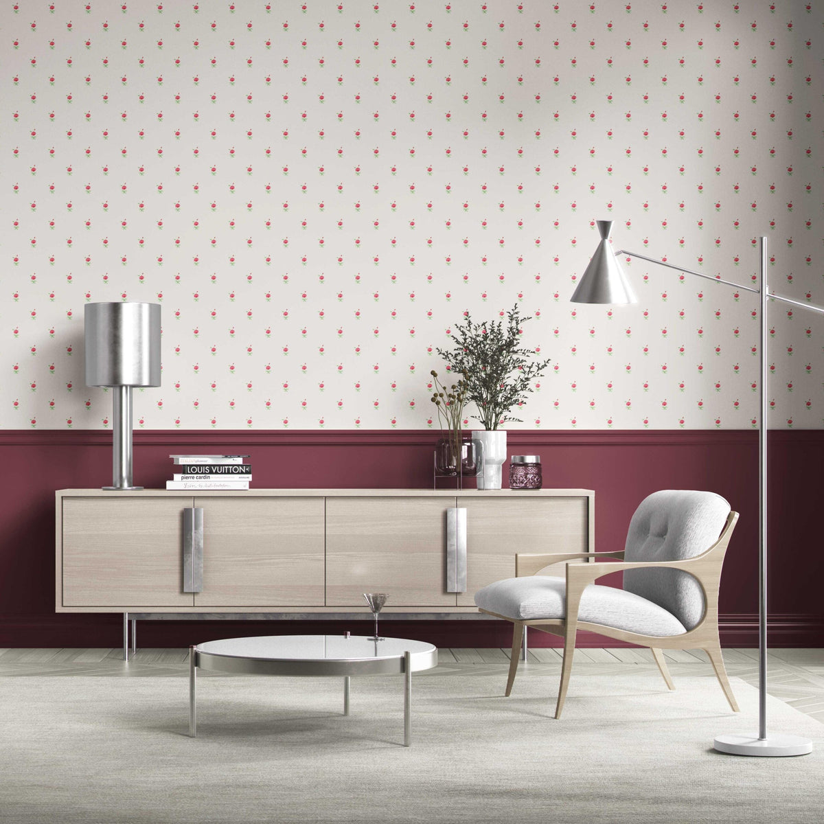 Vintage-Inspired Floral Block Print Traditional Wallpaper Sample (White/ Pink/ Green)