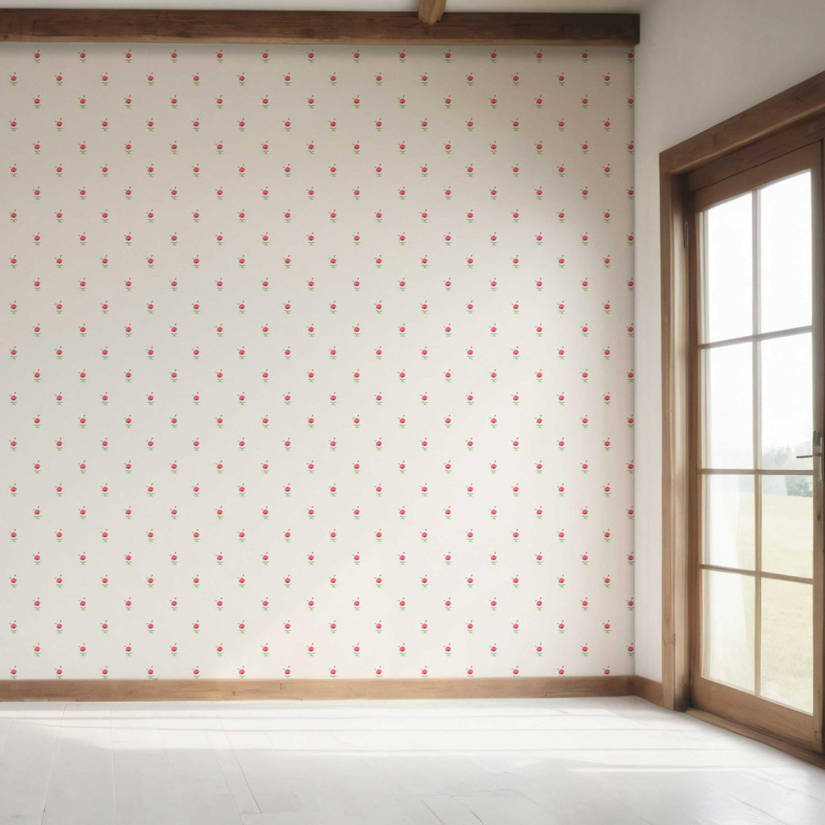 Vintage-Inspired Floral Block Print Bedroom Wallpaper Sample (White/ Pink/ Green)