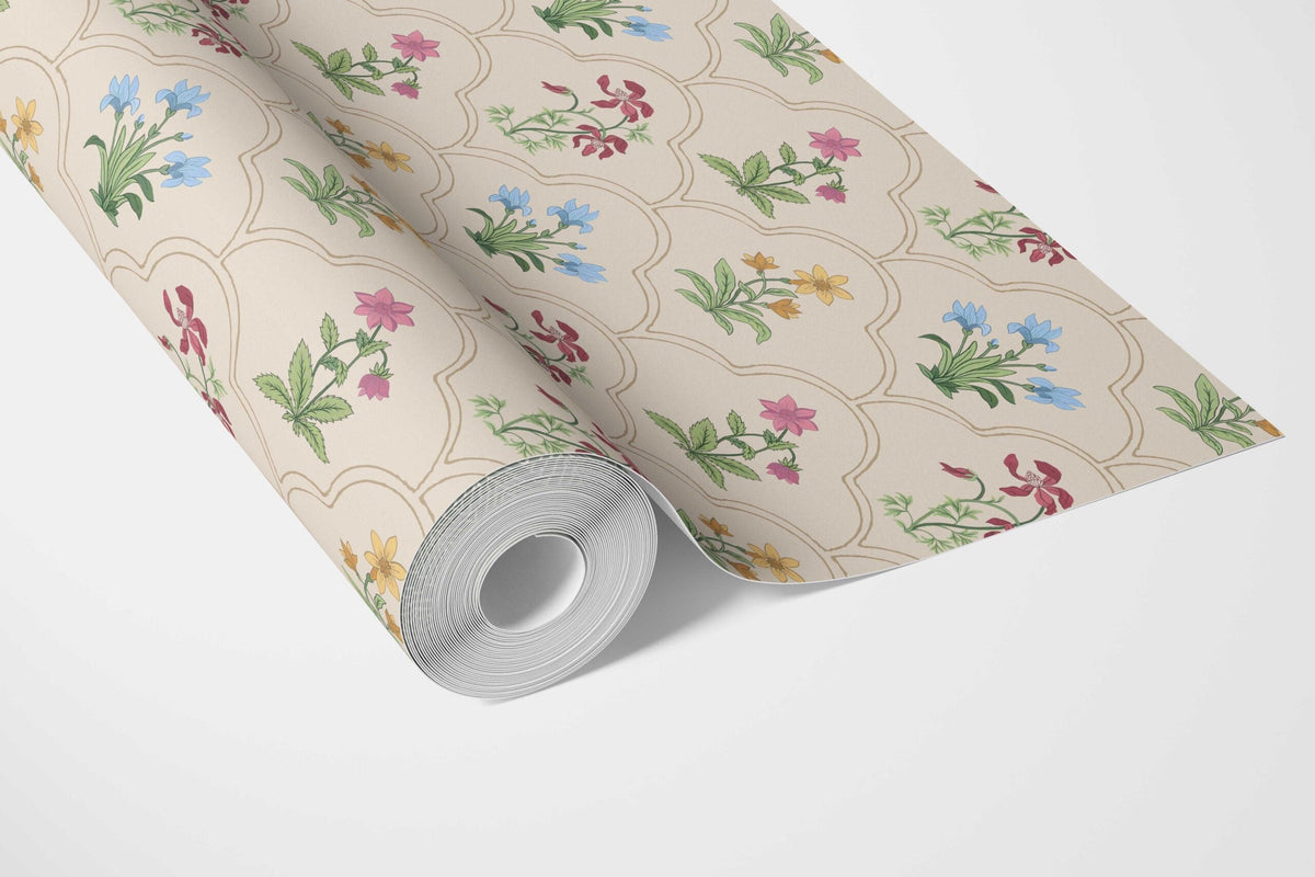 Vintage-Inspired Floral Block Print Bathroom Wallpaper Sample (Beige/ Red/ Pink/ Blue/ Yellow/ Green)