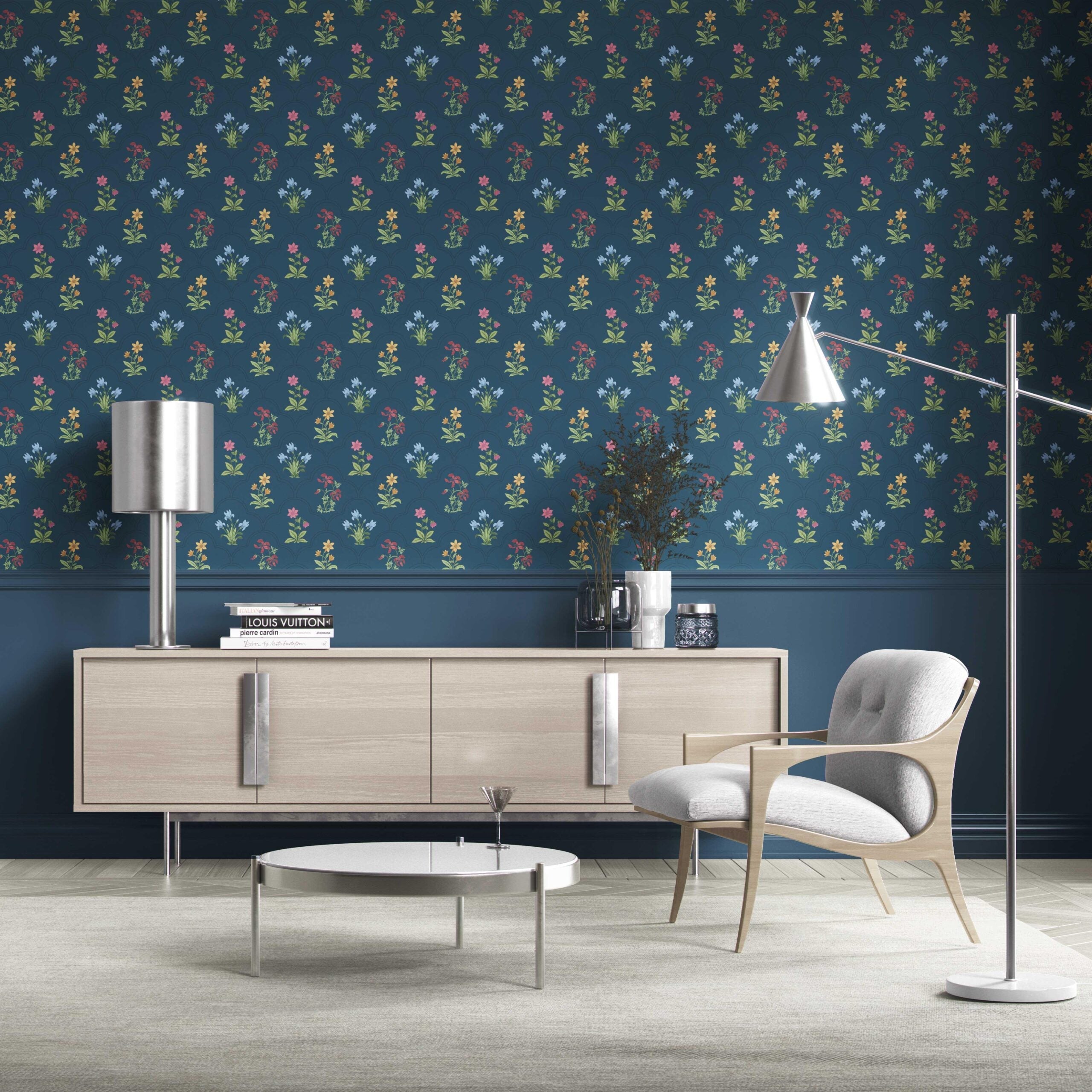 Vintage-Inspired Floral Block Print Kitchen Wallpaper (Teal Blue/ Red/ Pink/ Yellow/ Green)