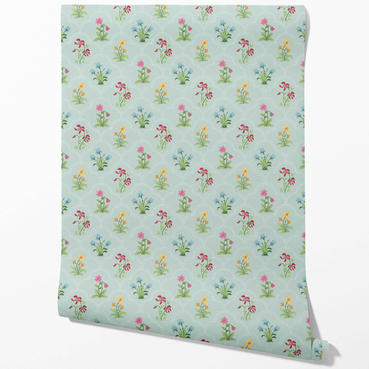 Vintage-Inspired Floral Block Print Traditional Wallpaper Sample (Duck Egg Blue/ Pink/ Red/ Yellow/ Green)