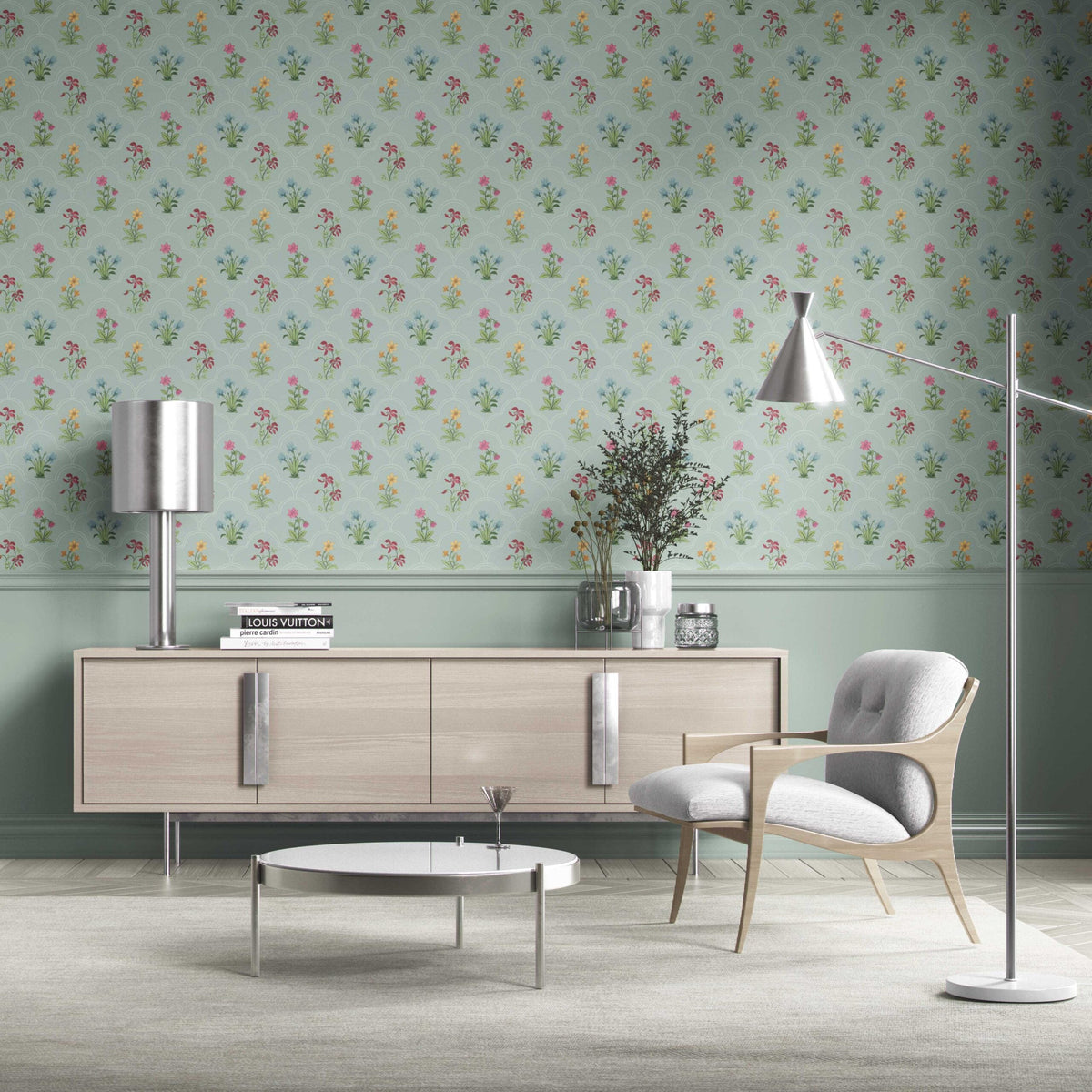 Vintage-Inspired Floral Block Print Kitchen Wallpaper Sample (Duck Egg Blue/ Pink/ Red/ Yellow/ Green)