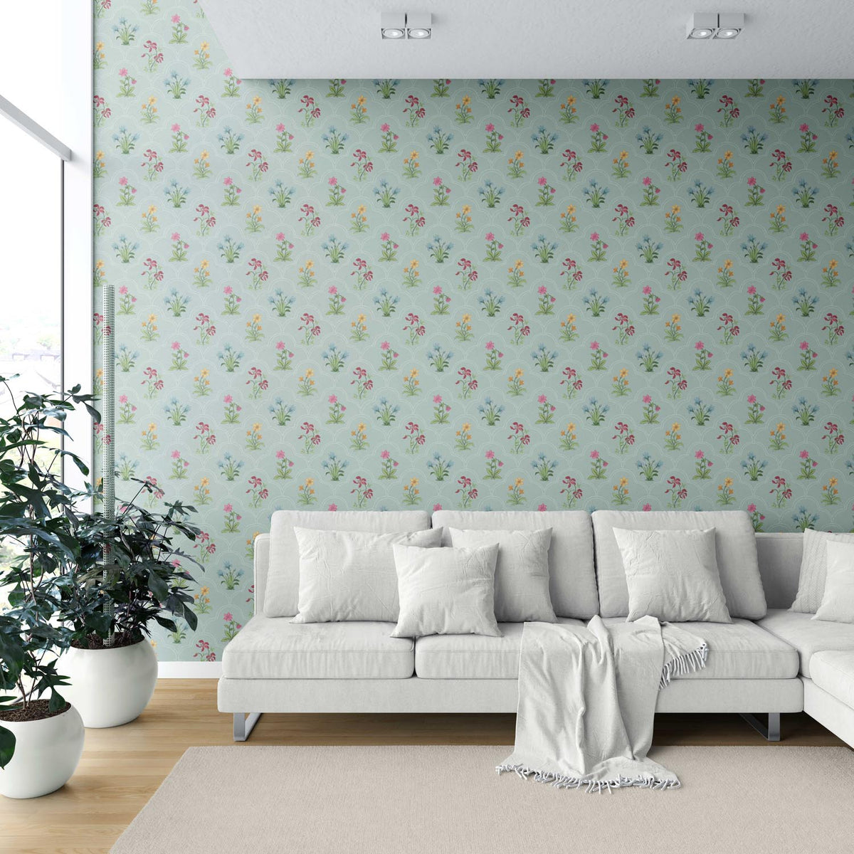 Vintage-Inspired Floral Block Print Shower Toilet Wallpaper (Duck Egg Blue/ Pink/ Red/ Yellow/ Green)