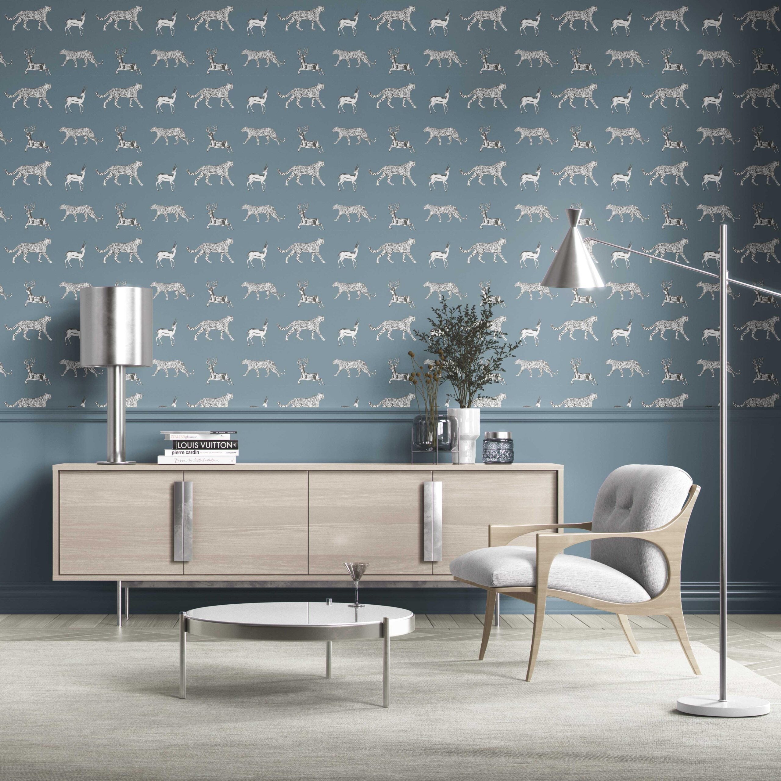 Leopard Animal Print Kitchen Wallpaper (Slate Blue/ White)