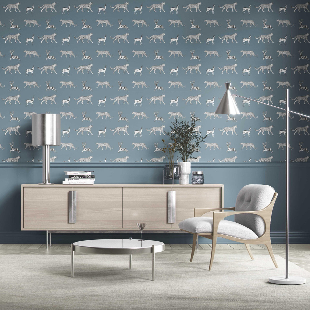 Leopard Animal Print Kitchen Wallpaper (Slate Blue/ White)