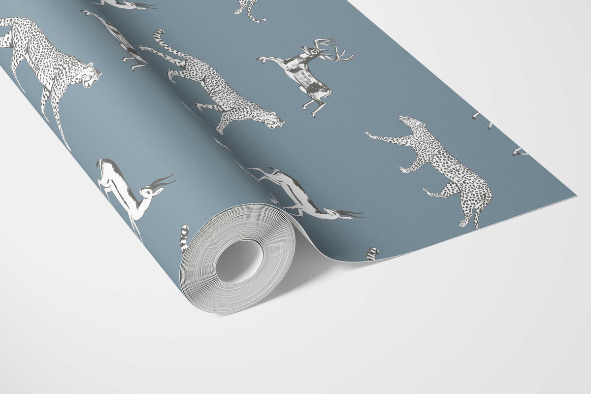 Leopard Animal Print Bathroom Wallpaper Sample (Slate Blue/ White)