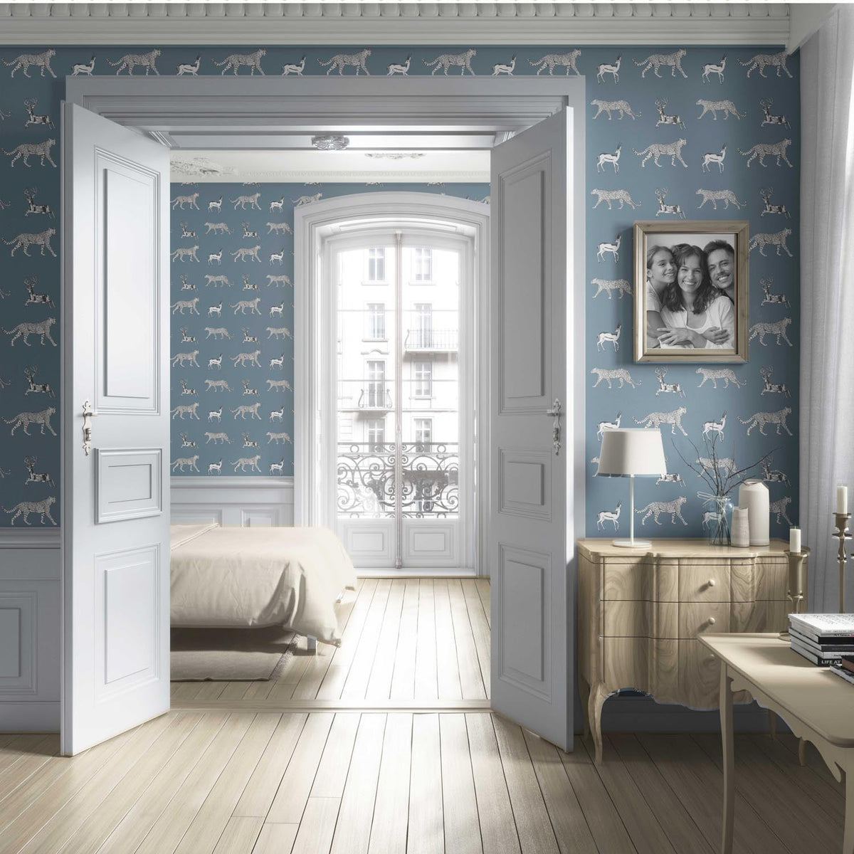 Leopard Animal Print Living Room Wallpaper Sample (Slate Blue/ White)